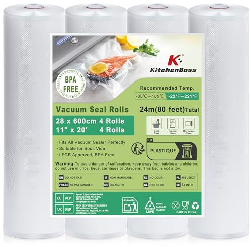 KitchenBoss Vakuumierfolie Vakuumierbeutel:28 x 600cm 4 Rollen Vakuumbeutel Lebensmittel