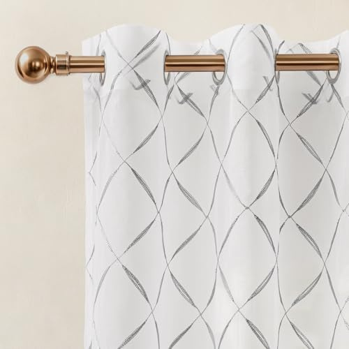 Ystyle Cortinas Salon Modernas 2 Piezas con Bordado Geométrico 140x245cm, Cortinas Translucidas Visillos para Ventanas Habitacion con Ojales, Elegante Voile Sala para Comedor Niños, Gris