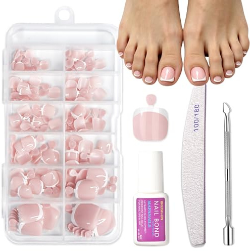 False Toenails Set - 120PCS Stick on Toe Nails - French Fake Toenails - Short Square Press on Toe Nails with Glue - Natural Look Nude Pink Acrylic toe Nail Tips for Women Toenail Extensions Design