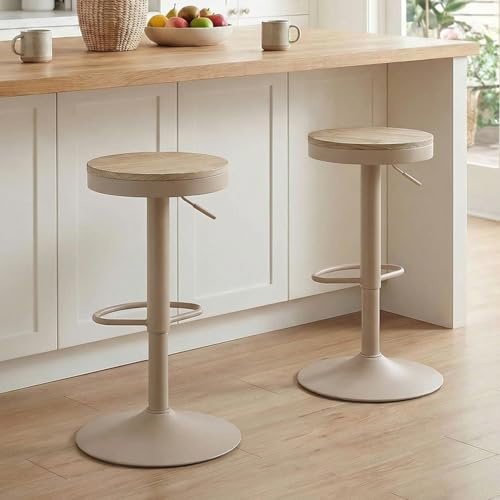 Kidol & Shellder Barhocker 2er Set Beige, Höhenverstellbar 56-80cm, Drehbar, Ohne Lehne, Holz Sitzfläche, Mit Fußrasten, Küchenbarhocker