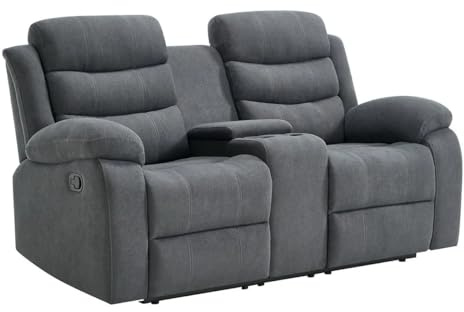 Divano Reclinabile 2 Posti in Tessuto Grigio con Portabicchieri – Sofà Relax Moderno con Sedili Reclinabili e Comfort Imbottito – 185x85x90 cm – Ideale per Soggiorno e Home Theater