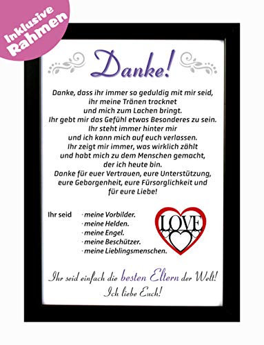 geschenke-fabrik.de Bilderrahmen mit Danksagung - Danke Eltern als Geschenk zu Weihnachten inkl. Rahmen aus Holz - Hochwertiger Druck DIN A4