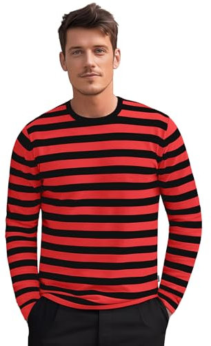 Mens Striped Long Sleeve T Shirt(XXL,Black&Red Wide)