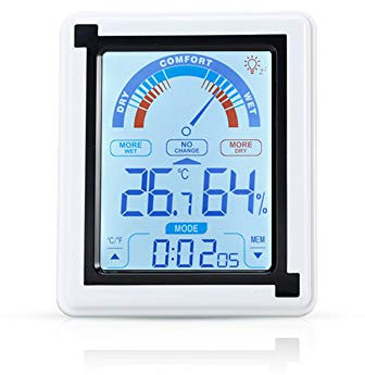 INTIRILIFE Elektronisches Thermometer in Weiss - 10 x 3 x 13 cm - LCD Touch Thermometer mit Uhr Messgerät für Temperatur, Luftfeuchtigkeit umstellbar auf Fahrenheit