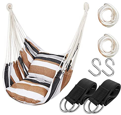 Hängematte mit Schaukelseil, für drinnen und draußen, robuste Baumwolle, max. 130 kg, Hängematte für Schlafzimmer, Terrasse, Veranda, Khaki - Hatisan