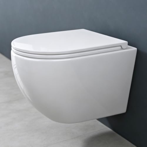 doporro Inodoro Suspendido de Cerámica Blanco – Taza Sin Reborde, Asiento con Cierre Suave, Diseño Moderno Montaje Mural, Fácil de Limpiar, 36x50x36 cm, Aachen179
