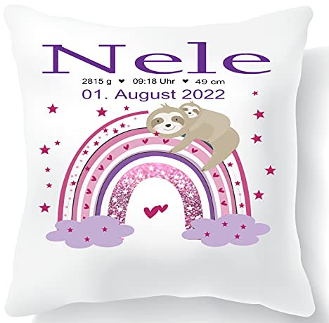 Babygeschenk mit Geburtsdaten personalisiert - Kissen mit Namen als Geschenk zur Geburt oder Taufe - Namenskissen für Baby's Jungen & Mädchen (Regenbogen)