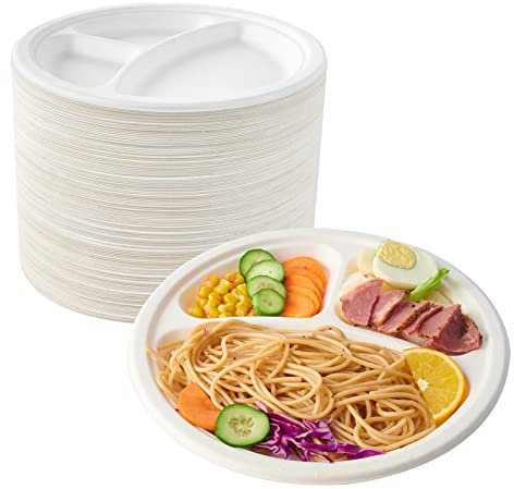 ECOLipak Kompostierbare Teller mit 3 Fächern, 22,9 cm, strapazierfähig, biologisch abbaubar, aus Pappe, umweltfreundlich, Zuckerstangen-Bagasse-Teller für Partys, Abendessen, 150 Stück