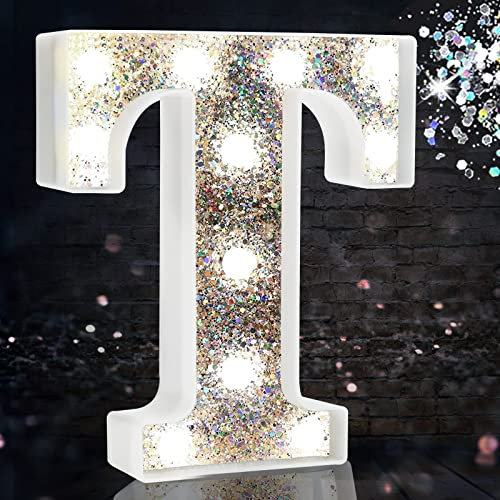 LED Marquee Letter Lights, Light Up Silver Letters for Bedroom Glitter Gifts for Teenage Girls Alphabet Letter Sign Battery Powered Night Light Birthday Party Wedding Home Decoration, Silver Letter T
