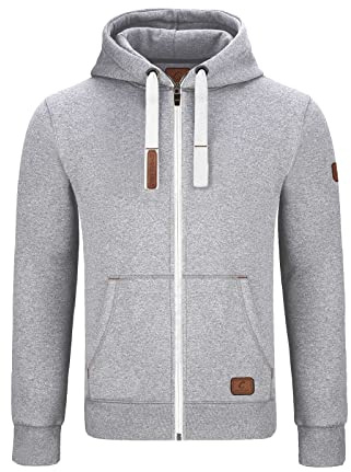 GYMAMBA Warme Sweatjacke Herren mit Lederpatches, Kapuze und durchgängigem Reißverschluss hellgrau/weiß