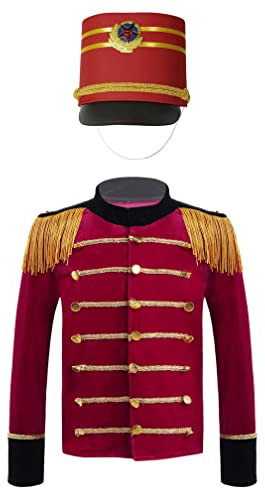 Agoky Jungen Nußknacker Prinz Jacke und Hut Kinder Zirkusdirektor Cosplay Kostüm Weihnachten Fasching Karneval Outfits Rot B 170-176