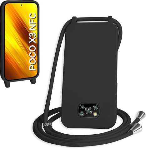WenBaby Funda con Cuerda para Xiaomi Poco X3 NFC/Poco X3/Poco X3 Pro, Líquida Silicona Carcasa con Cordón Ajustable Collar Correa de Cuello, Cubierta Prueba Golpes con Microfibra Forro (Negro)