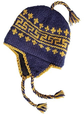 KOSHI Handgestrickte Sherpa-Wollmütze mit Microfleece-Futter und Ohrenklappen, handgefertigte Winter-Toque, Weihnachtsmütze, hergestellt in Nepal, Blau/Gold, L/Einheitsgröße
