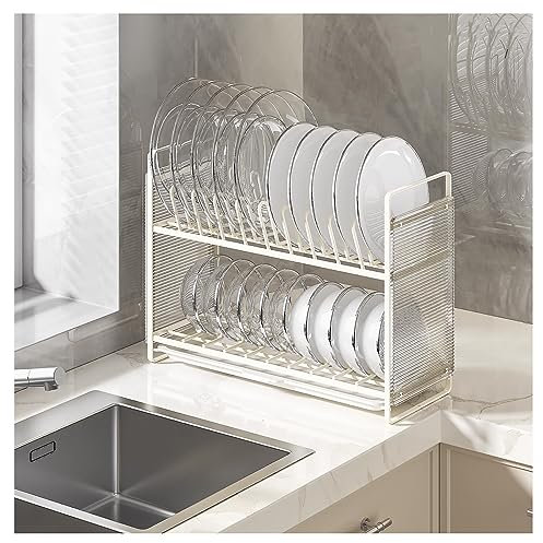 LONONE Escurridor de platos para encimera de cocina, soporte de platos para gabinete, estante de secado de platos de 2 niveles con escurridor, color blanco, rayas