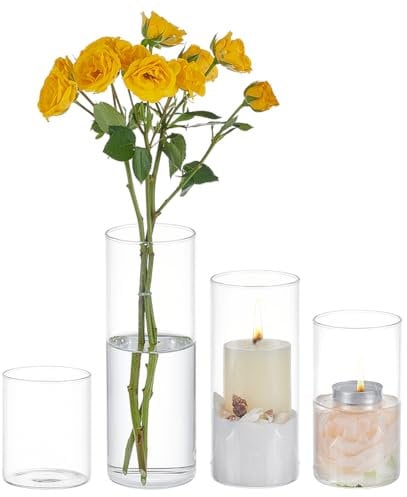 BENECREAT 4pcs Glass Cylinder Vase, 4 Styles Pillar Decoration, Clear Tall Floating Candle Holder for Home, Office, Wedding Display