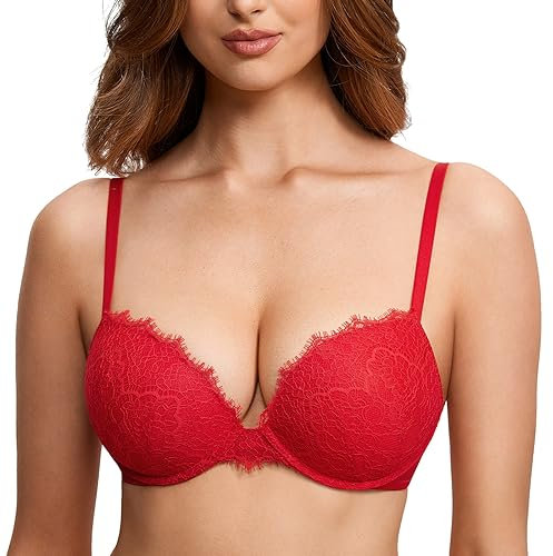 DOBREVA Women's Push Up Bra Lace Plunge Padded Support Underwire Bras Full Coverage Add 1.5 Cup Lipstick Red 32C