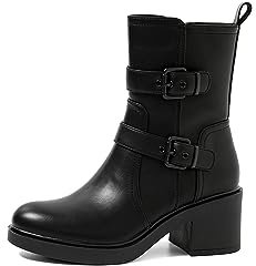 QUEEN HELENA Stivali Biker Stivaletti con Tacco Doppia Fibbia Donna X29-96 (Nero, Sistema Taglie Calzature EU, Adulto, Donna, Numero, Media, 38)