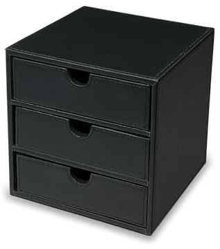 OSCO Black Faux Leather 3 Drawer Chest | Small Item Storage | Stackable | Lego Container | Makeup Container | Jewellery Box | Stationery Organiser | Not A4 Size | H18.2 x W17 x D17 cm |