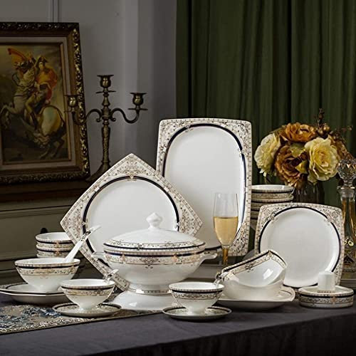 Vajilla de cerámica con 48 piezas, cuenco/olla sopera/cuchara | vajillas, combinación de porcelana con borde dorado en estilo nórdico