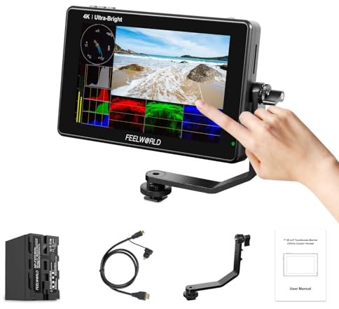 FEELWORLD LUT7 Monitor de Campo de 7 Pulgadas con F970 6600 mAh 2200nit Ultra Bright 3D Lut Pantalla táctil Monitor de cámara DSLR 1920x1200 IPS 4K HDMI Salida de CC Sensor de luz de Forma de Onda
