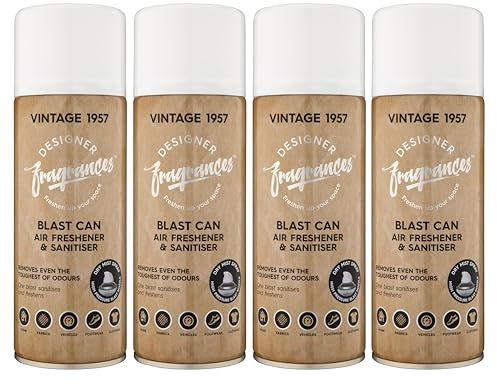 Designer Fragrances 4 Pack Vintage 1957 Air Freshener Blast Cans - For Home & Vehicles – Natural Oils, Luxury Lasting Smell, Dry Mist Quick Release Spray – Deodorise & Neutralise Odours – 400ml