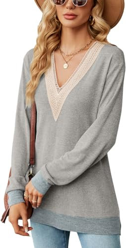 ZIOOER Women's Basic Jumpers V Neck Lace Trim Long Sleeve Casual Tops Tee Shirt T-Shirt Light Grey M