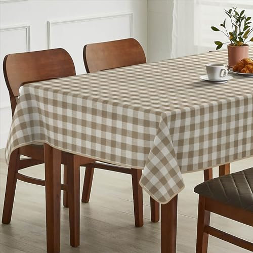 Tischdecke Stoff abwaschbar Tischtuch Tafeldecke pflegeleicht Lotuseffekt schmutz- & wasserabweisend für Indoor Outdoor Tischdecke 100x140cm mit Saum (Eingefasst) Karo Beige