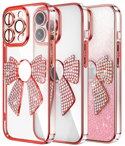 IMEIKONST Phone Case for iPhone 13 Pro Max Cover Glitter Sparkly Soft TPU Bumper Cover Ultra Thin Bling Diamond Bow for Women Girls Camera Protector Anti-Slip Case for iPhone 13 Pro Max. Red KDH