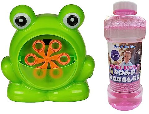 Out of the blue Seifenblasenmaschine Frosch mit Seifenblasen Nachfüllflasche 500 ml - Bubble Machine, Seifenlauge, Give Away, Mitbringsel, Kindergeburtstag
