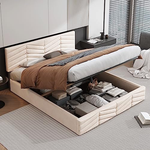 Zravenna Polsterbett 140x200 mit Bettkasten Samt, Beige Boxspringbett mit Bettkasten, Hydraulisches Stauraum Metallrahmen Bettgestell, Lattenrost und Verstellbares Kopfteil