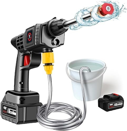 Yeascatti Nettoyeur Haute Pression sur Batterie 21v, Pistolet De Lavage avec Buse Multifonction 6 en 1, Nettoyeur Haute Pression sans Fil 200w, Pression Maximale: 70 Bar, Tuyau 5m, Filtre, Chargeur