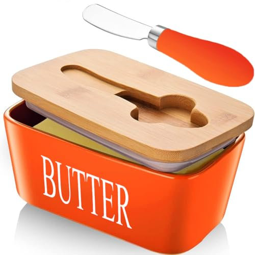 Ceramic Butter Dish with Lid and Knife Porcelain Butter Container with Butter Cutter Butter Knife Easy Spread Kitchen Accessories Tableware (Orange)