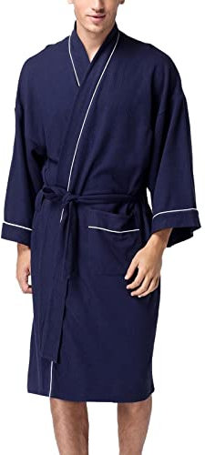 LZPCarra Men's Cotton Bathrobe Without Hood - Sauna Gown Men's Lightweight Thin Sauna Bathrobe Fluffy Loungewear Elegant Coat Plus Size Sauna Gown House Coat Long Dressing Gown Bathrobe, navy, M