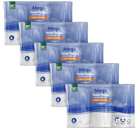 By Amazon Mega Toilet Roll, 2-Ply, Soft and Long, 30 Rolls (5 Pack of 6), 330 Sheets per Roll - Extra Long Roll, Lasts Longer
