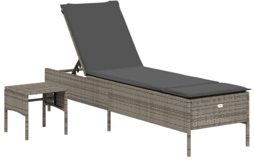 vidaXL Sonnenliege mit Tisch Auflage, Gartenliege mit Stahlrahmen, Relaxliege für Garten Terrasse, Sonnenbett Gartenmöbel, Grau Poly Rattan