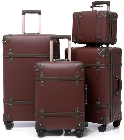 Urecity Vintage Reisekoffer Set 4 Teilig Leicht Retro Lederkoffer Hartschale Trolley Handgepäck Sets mit TSA Schloss und 8 Rollen (S-M-L-XL) (Karamell Braun, Kofferset)
