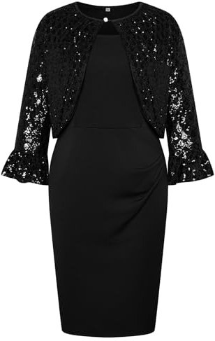Hanna Nikole Damen Bodycon Kleid Festlich Vintage Party ärmellos Kleid Abendanzug Mit Pailletten Langarm Jacken Schwarz