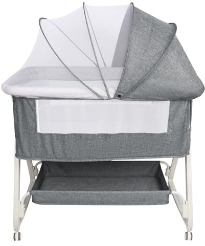HUOLE Babybett, 6-stufig Höhenverstellbar,Wiege mit Matratze und Moskitonetz, Mobile Babywiege für Neugeborene/Kleinkinder, mit Aufbewahrungskorb-92 * 52 * 106-118cm – Leinengrau