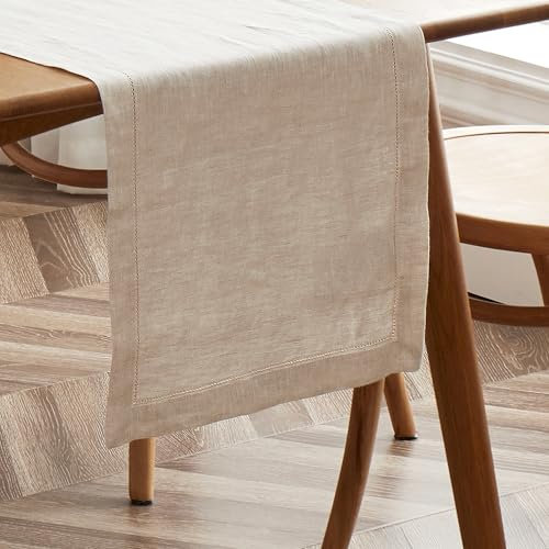 Bonlino 100% Leinen TischläUfer Tisch Tischdeko - Leinen TischläUfer Stoff Abwaschbar Tischband Hochzeit Deko Herbst Boho Vintage Modern Beige Table Runner Fuer Party Dekoration Maedchen (35 x 180cm)