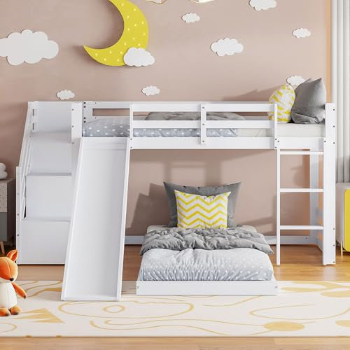 Derefine Twin Over Full Bunk Bed with Slide and Storage Drawers, Bunk Bed with Slide and Angled Ladder, Solid Pine Wood Slide Bed,No Box Spring Needed, White