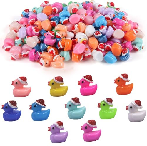 50 PCs Mini Ducks, Indoor Decoration Christmas Ducks Multicolor Tiny Ducks Landscape Decorations Ducks Figurines wtih Christmas Hat for Aquarium Dollhouse Fairy Garden Landscape Decor