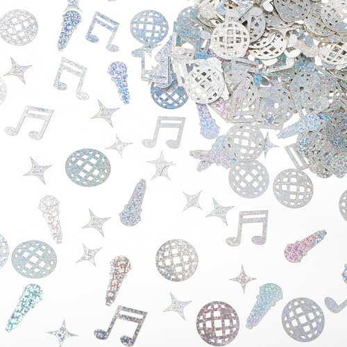 Piriuuo Lot de 240 confettis discothèques, confettis de table, boules à facettes, note de musique, microphone, étoile, centre de table, décorations discothèques, confettis décoratifs pour