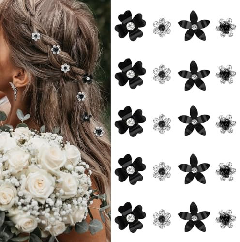 NATOSU 20 Stück Mini-Blumen-Haarspangen, süße Strass-Haarnadeln, kleine dekorative Haarspangen, Hochzeits-Haarspangen, weiße Blumen-Haarspangen, Braut-Haar-Accessoires für Mädchen (Schwarz)