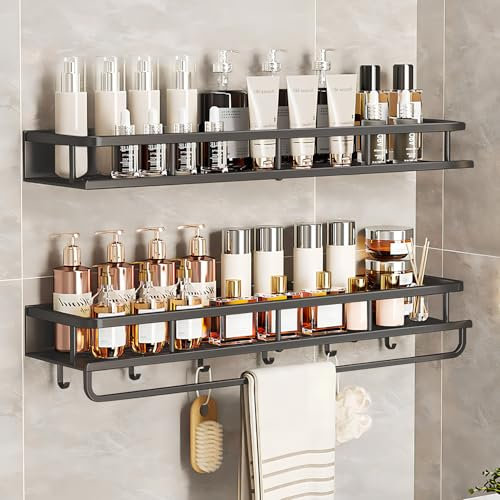 devesanter Duschablage ohne Bohren 2 Stück 60cm Badezimmer Regal,Dusch-Shampoo-Regal mit Handtuchhalter und 6 Haken für Schlafzimmer Wohnzimmer und Küche Badezimmer Organizer(grau)