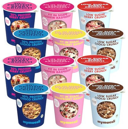 mymuesli BIO Müsli 12er Mix 2Go Body & Balance High Protein - Von zuckerarm & vegan bis zu proteinhaltig & ballaststoffreich - Abwechslungsreiche Sorten im Portionsbecher to go – Ohne Palmöl