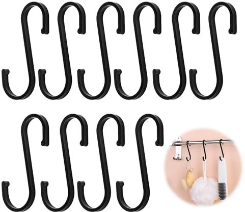 QTMMC 10 Pack Heavy Duty S Hooks - Commercial-Grade Anti-Rust Coated Hanging Hooks for Kitchen, Bathroom & Garden | Organizing Pots/Pans/Bags/Clothes | 15kg Weight Capacity (Black)