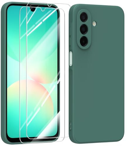 MIKULLE Funda para Samsung Galaxy A26 5G con Cristal Templado Protector de Pantalla,Ultra Slim Protectora Anti-Choques Carcasa de Silicona Líquida TPU Suave Case Cover - Verde Oscuro