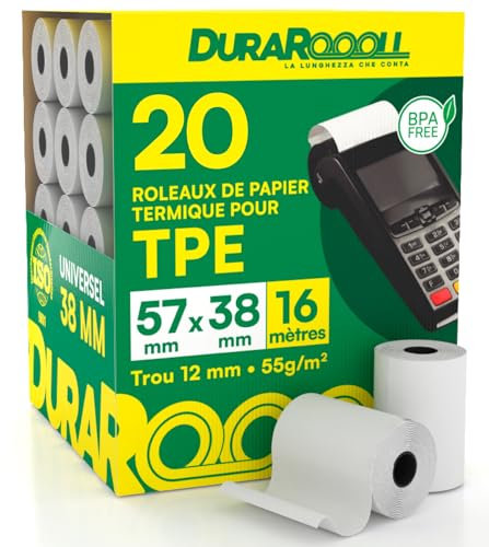 20 Rouleaux Papier TPE CB Bobines Thermiques DuraRoooll - Rouleaux Caisse POS 57mmx38mmx16m Compatibles Avec Nexi SumUp Pax Axerve Ingenico pour Recettes Reçus Distributeurs Automatiques Cartes Crédit