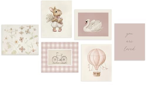 Dazzlewall 6Pcs Affiches d'art mural rose pour nurserie, Peintures de cygnes, lapin vintage et fleurs pour chambre de bébé ou de petite fille 8x10 pouces sans cadre
