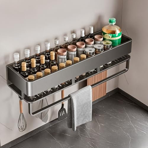 Fooaot Gewürzregal Wand,Metall Gewürz Organizer,Grau Küchenregal Ohne Bohren Mit 5 Haken,Gewürzständer,Wandmontage Gewürzregal Hängend für Küchenablage,40cm